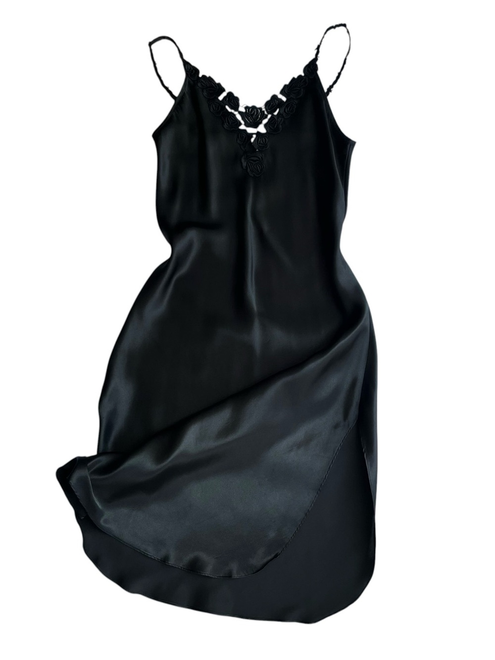 90s Y2K Black Floral Rose Lace Slip Midi Dress Small Dark Romantic Gothic Satin